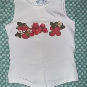 White Strawberry Print Kids Tank Top S size